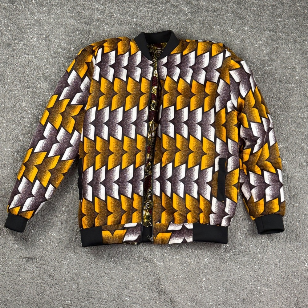 Reversible African Wax Print Bomber Jacket Mens L Ankara Geometric‎ Floral